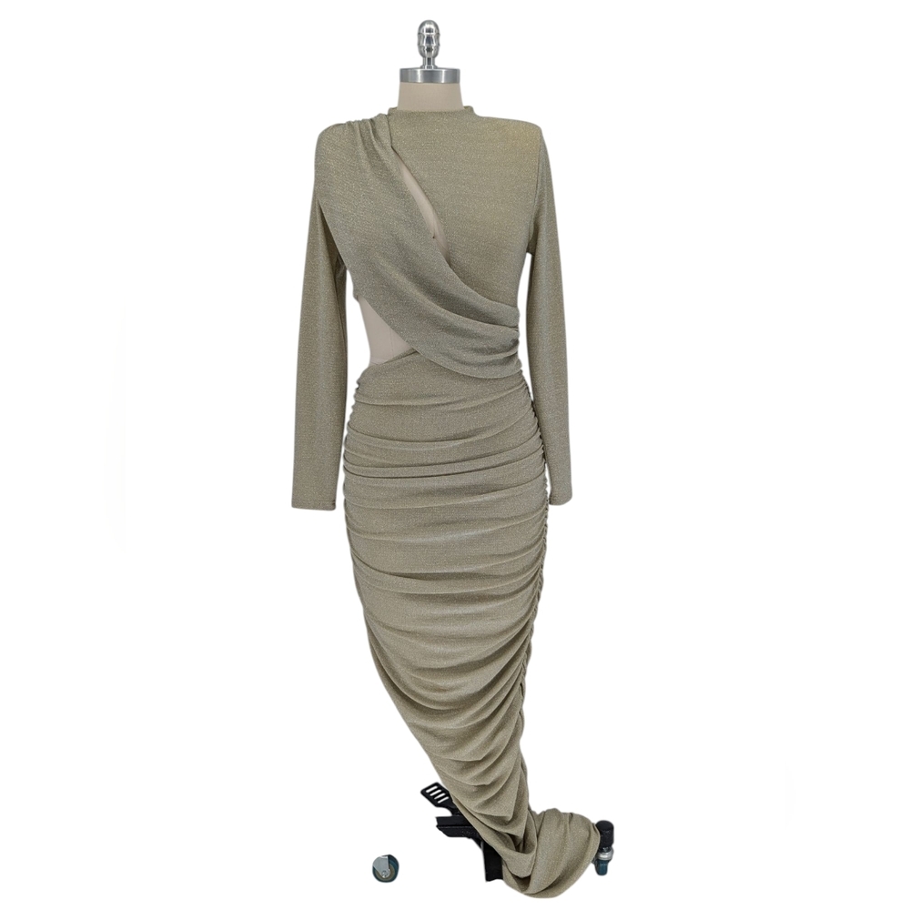 00795 Miss Circle Sparkle Ruched Maxi Dress Gold size Medium evening fall formal